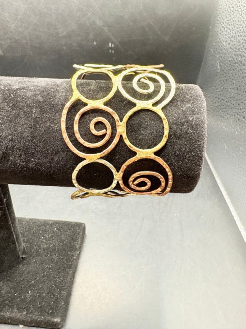 Tri Color Swirl Cuff Bracelet Gold Copper Silver 2.375"